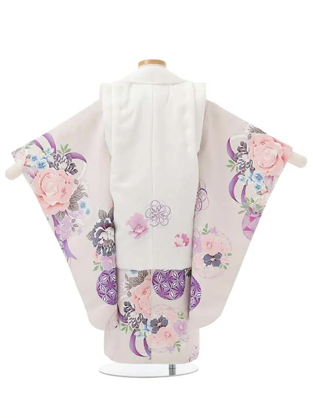 七五三レンタル(3歳被布)S398 Shinako 白×薄グレー 花リボン