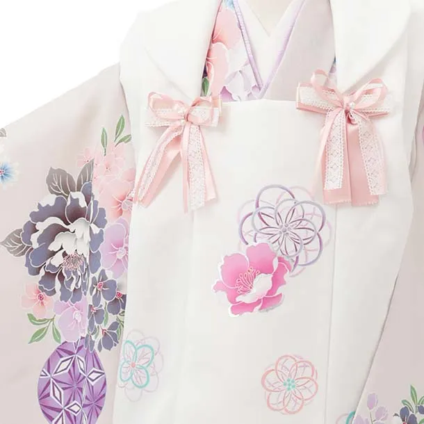 七五三レンタル(3歳被布)S398 Shinako 白×薄グレー 花リボン