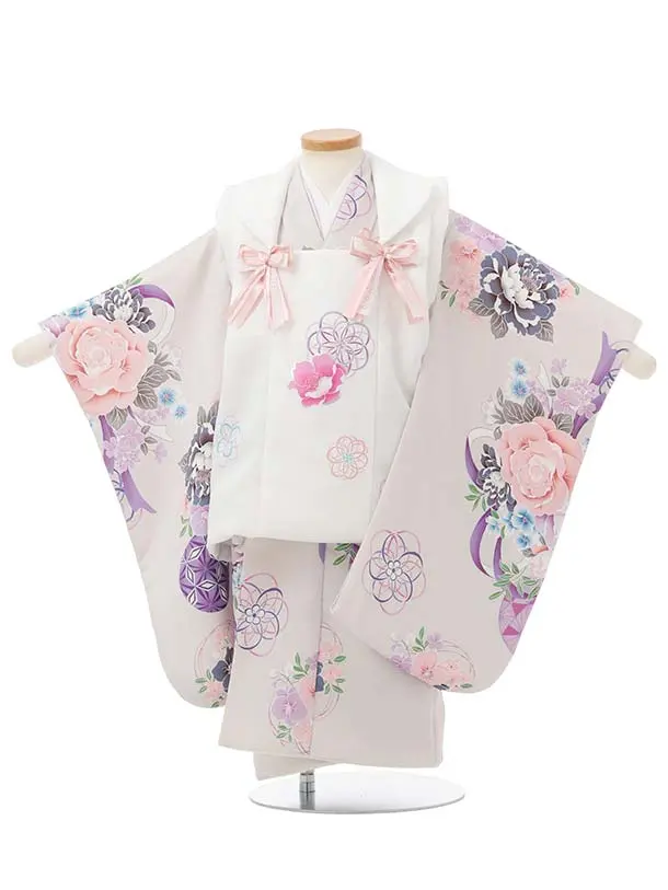 七五三レンタル(3歳被布)S399 Shinako 白×薄グレー 花リボン