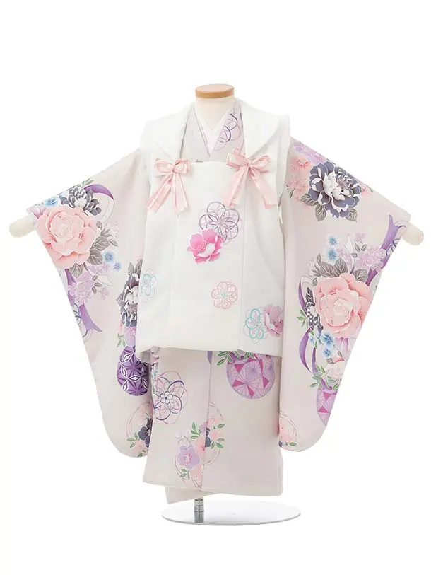 七五三レンタル(3歳被布)S399 Shinako 白×薄グレー 花リボン