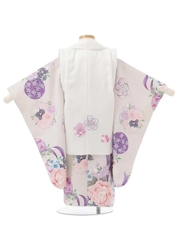 七五三レンタル(3歳被布)S399 Shinako 白×薄グレー 花リボン