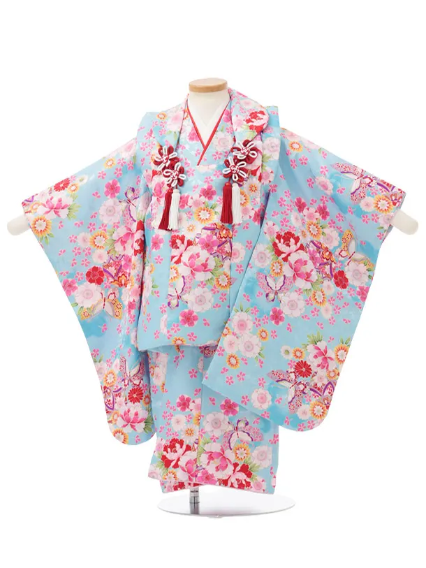 七五三レンタル(3歳被布)S419 水色 まり 花 蝶