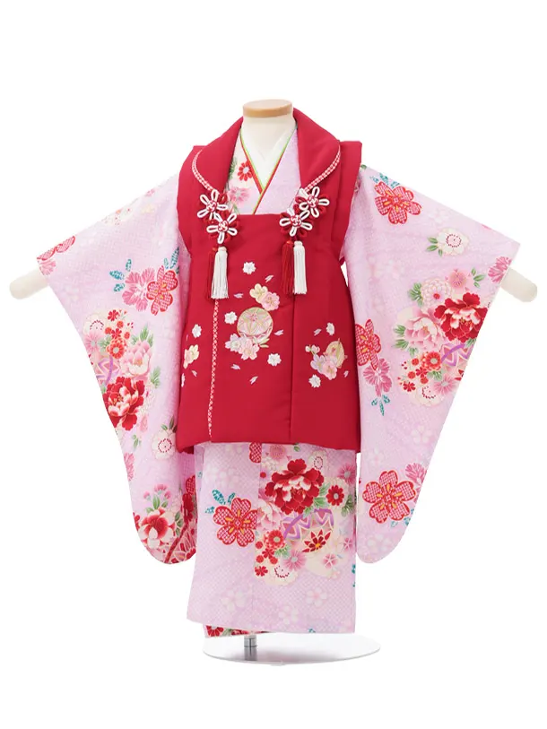 七五三レンタル(3歳被布)S420 赤地刺繍まり × 薄パープル 疋田柄 花