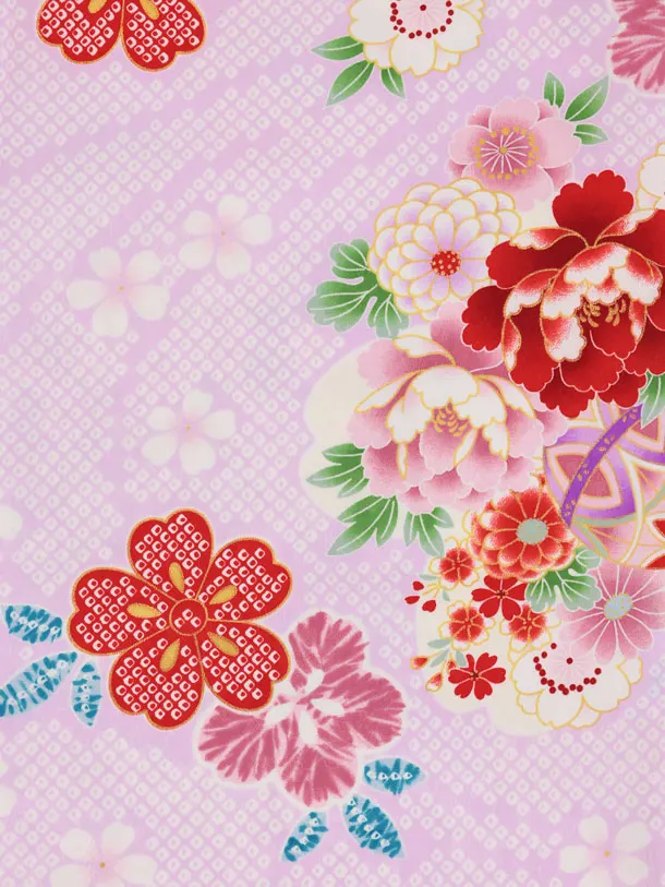 七五三レンタル(3歳被布)S420 赤地刺繍まり × 薄パープル 疋田柄 花
