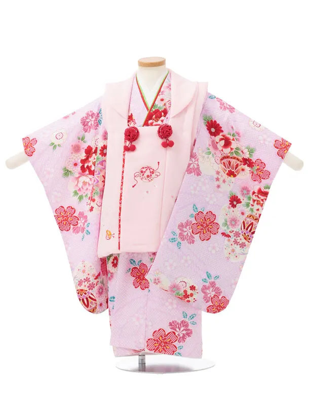 七五三レンタル(3歳被布)S422 ピンク × 薄パープル 疋田柄 花