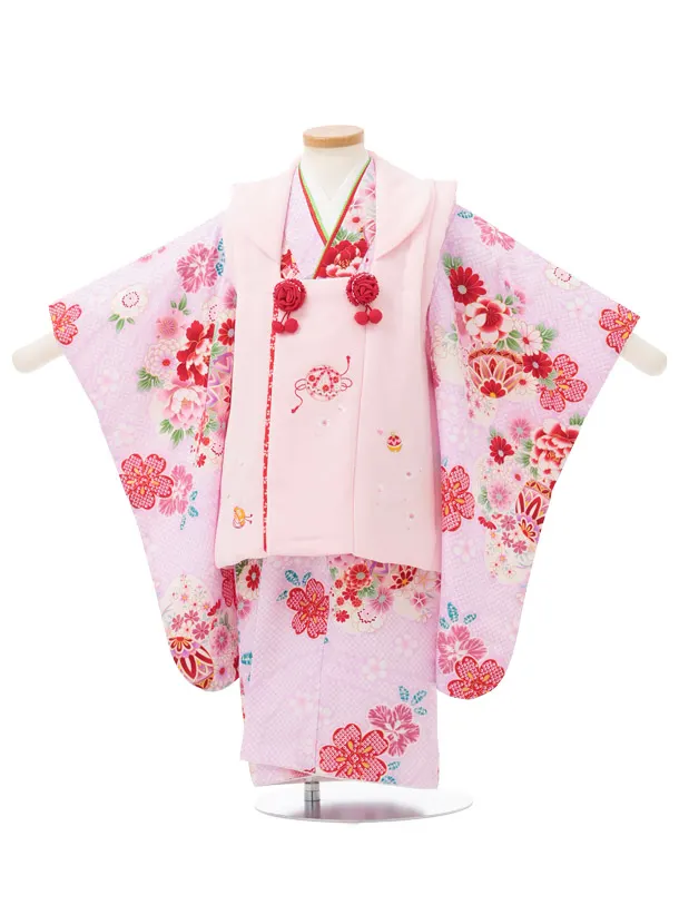 七五三レンタル(3歳被布)S422 ピンク × 薄パープル 疋田柄 花