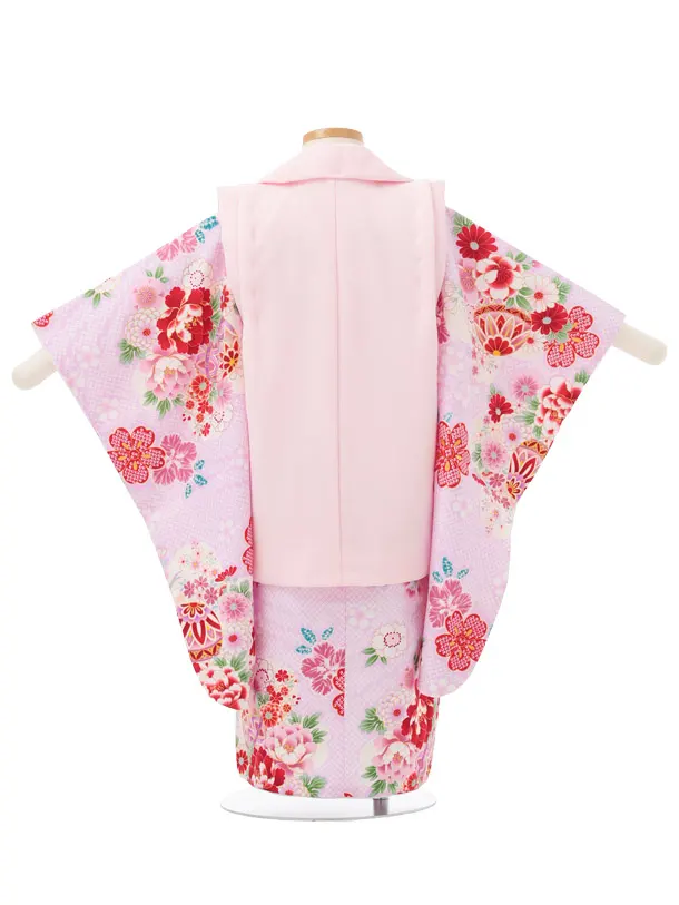 七五三レンタル(3歳被布)S422 ピンク × 薄パープル 疋田柄 花