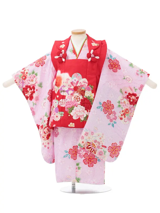 七五三レンタル(3歳被布)S426 赤 × 薄パープル 疋田柄 花