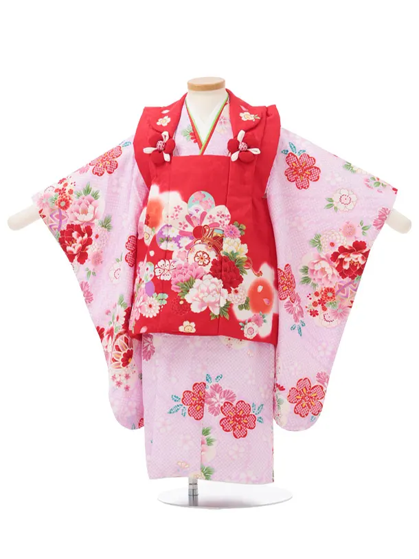 七五三レンタル(3歳被布)S426 赤 × 薄パープル 疋田柄 花