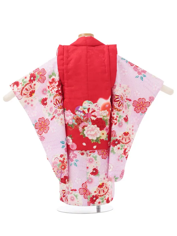 七五三レンタル(3歳被布)S426 赤 × 薄パープル 疋田柄 花