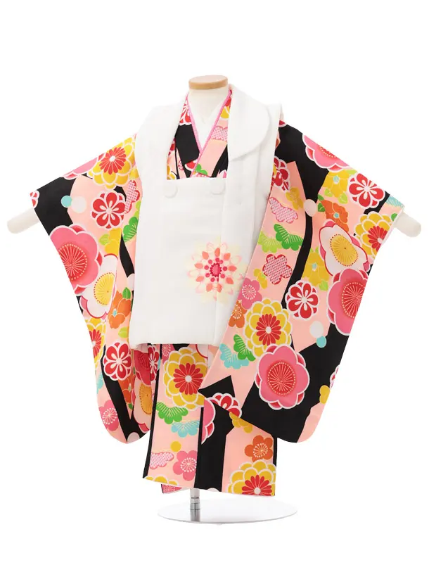 七五三レンタル(3歳被布)S427 白 × 黒地 梅 菊