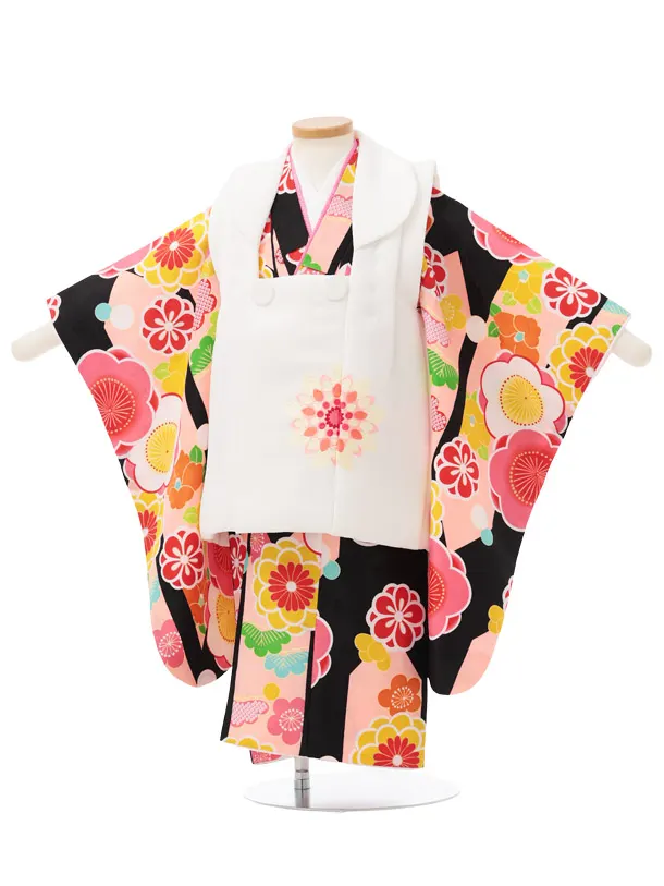 七五三レンタル(3歳被布)S427 白 × 黒地 梅 菊
