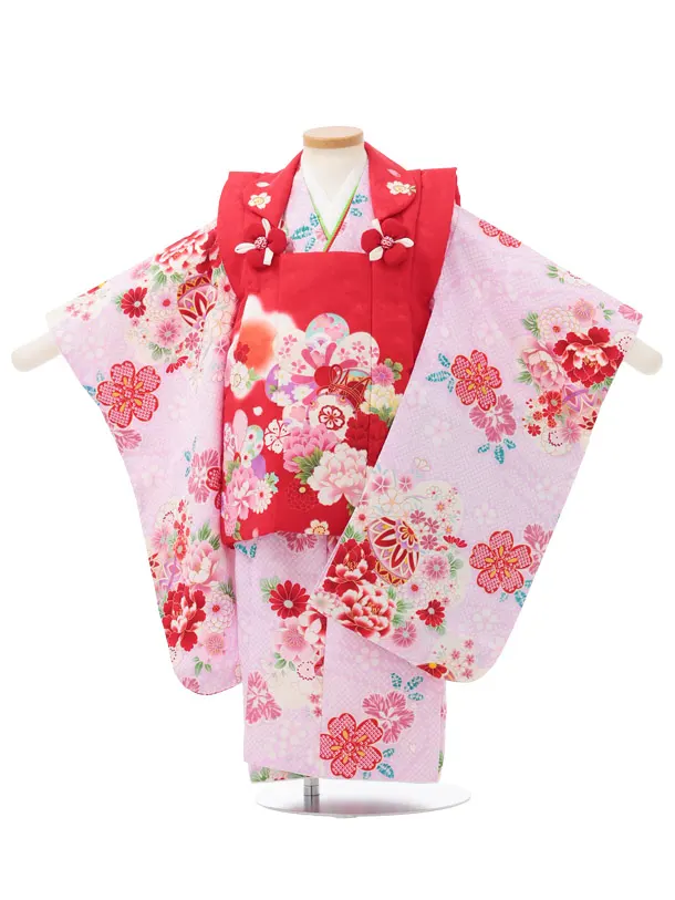 七五三レンタル(3歳被布)S430 赤 × 薄パープル 疋田柄 花