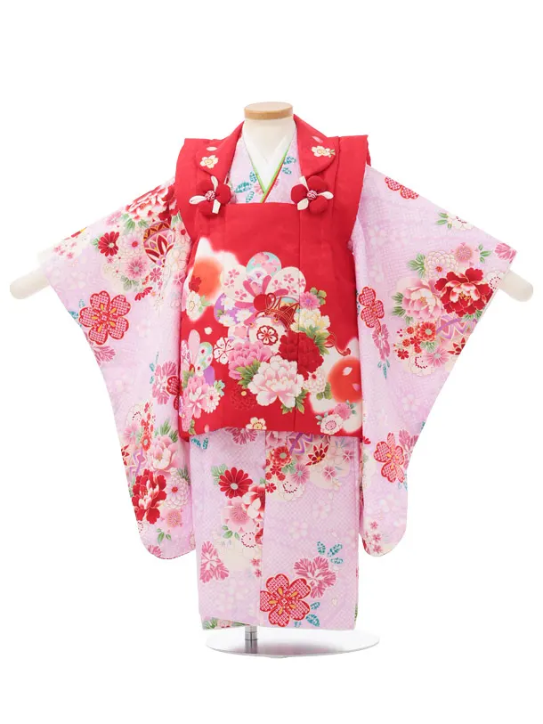七五三レンタル(3歳被布)S430 赤 × 薄パープル 疋田柄 花