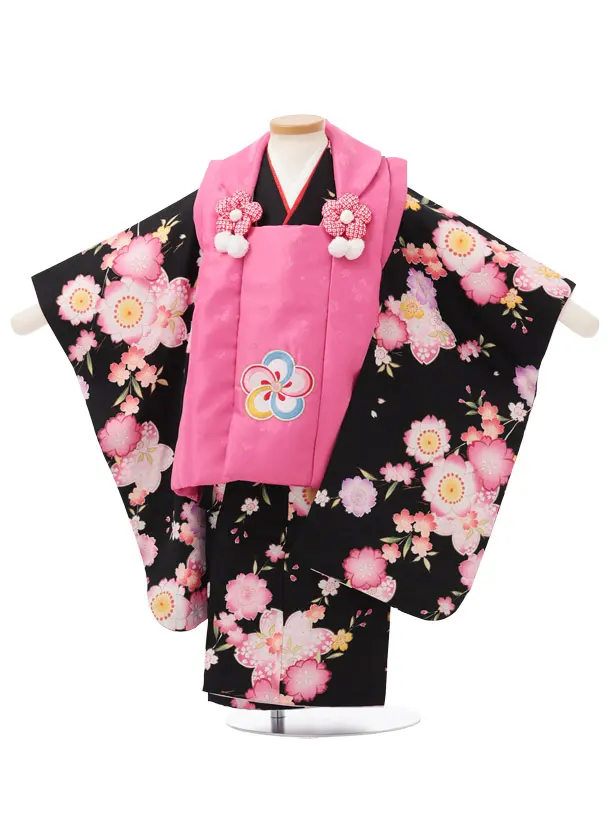 七五三レンタル(3歳被布)S431 ピンク ねじり梅 × 黒地 桜
