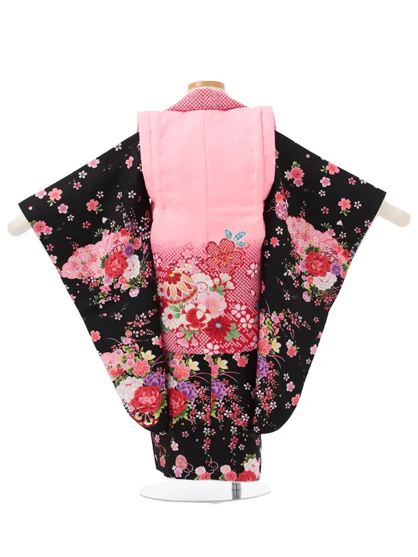 七五三レンタル(3歳被布)S434 ピンク花 × 黒地 花車