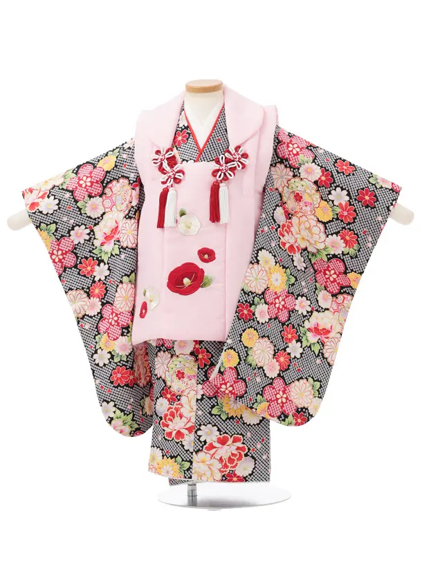 七五三レンタル(3歳被布)S437 ピンク刺繍椿 × 黒地 鹿の子柄花