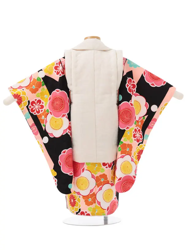 七五三レンタル(3歳被布)S438 アイボリー × 黒地 ピンク梅