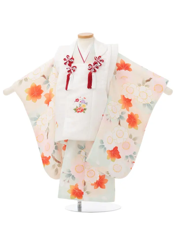 七五三レンタル(3歳被布)S439 白地刺繍花 × 薄ミント 桜に楓