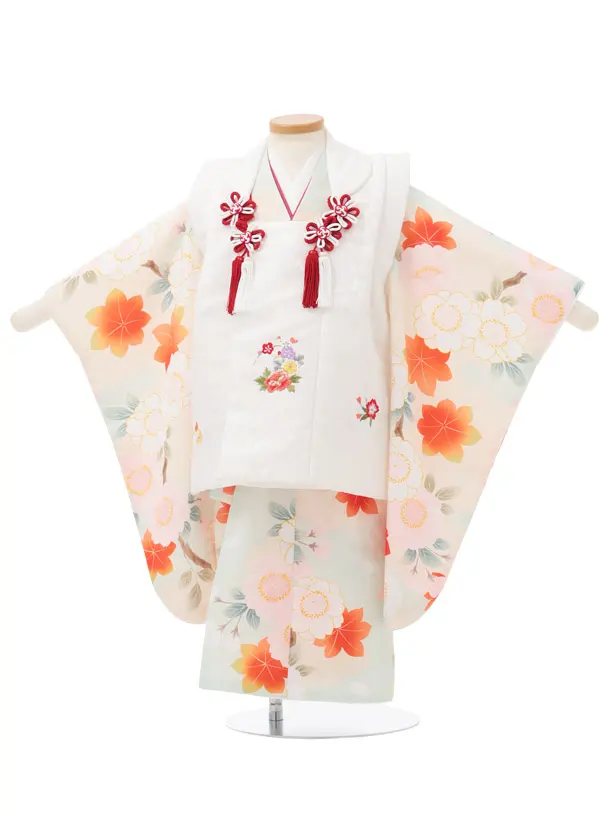 七五三レンタル(3歳被布)S439 白地刺繍花 × 薄ミント 桜に楓
