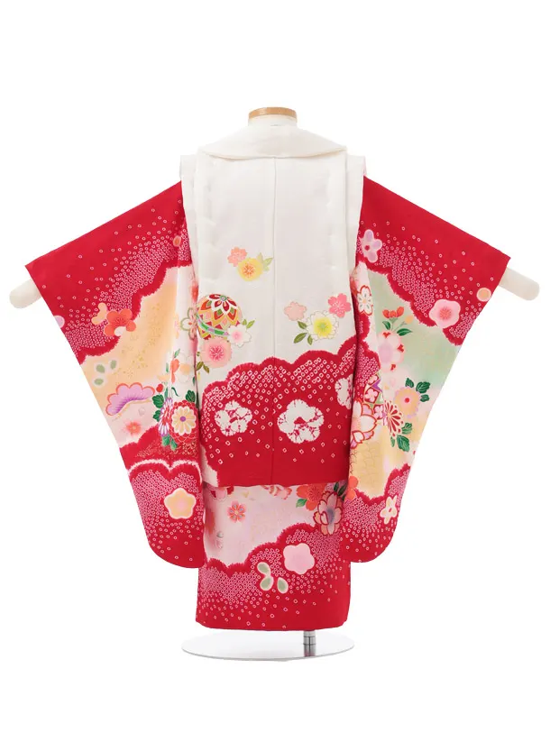七五三レンタル(3歳被布)S441 【正絹】白 × 赤 まりに花
