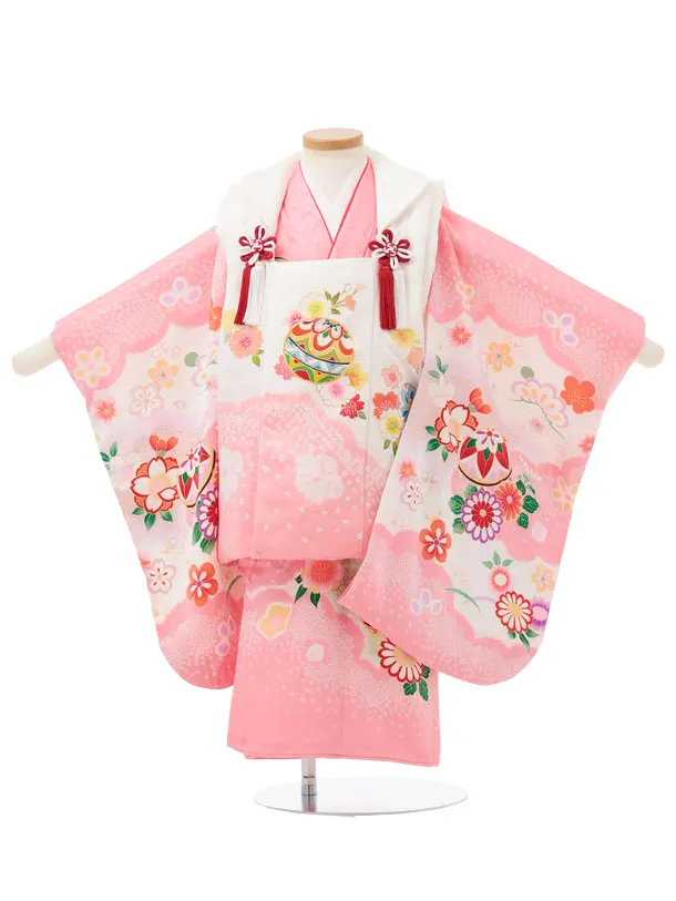 七五三レンタル(3歳被布)S442 【正絹】白 × ピンク まりに花
