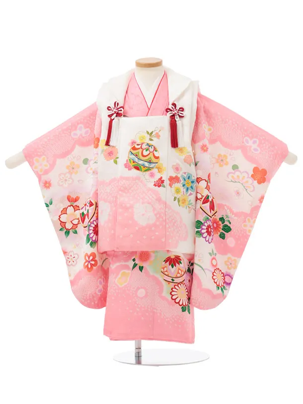 七五三レンタル(3歳被布)S442 【正絹】白 × ピンク まりに花