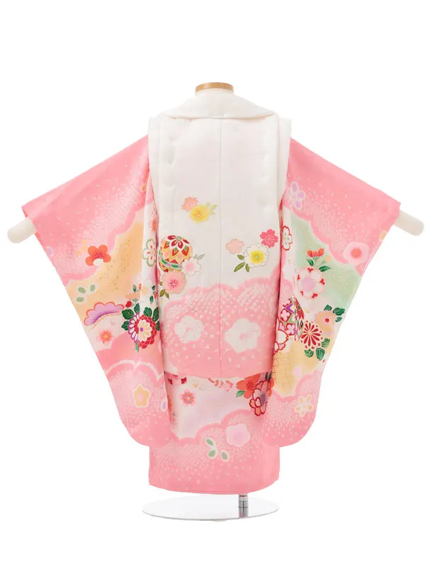 七五三レンタル(3歳被布)S442 【正絹】白 × ピンク まりに花
