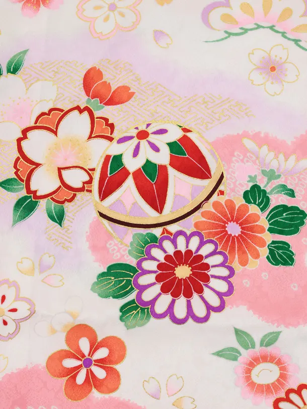 七五三レンタル(3歳被布)S442 【正絹】白 × ピンク まりに花