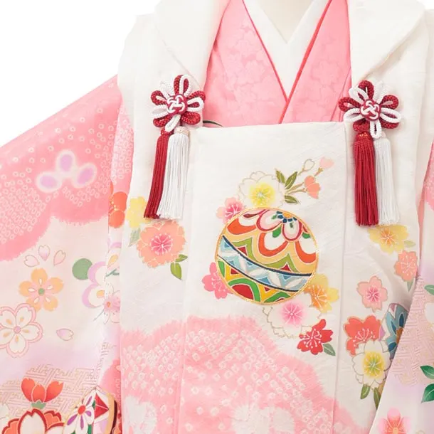 七五三レンタル(3歳被布)S442 【正絹】白 × ピンク まりに花