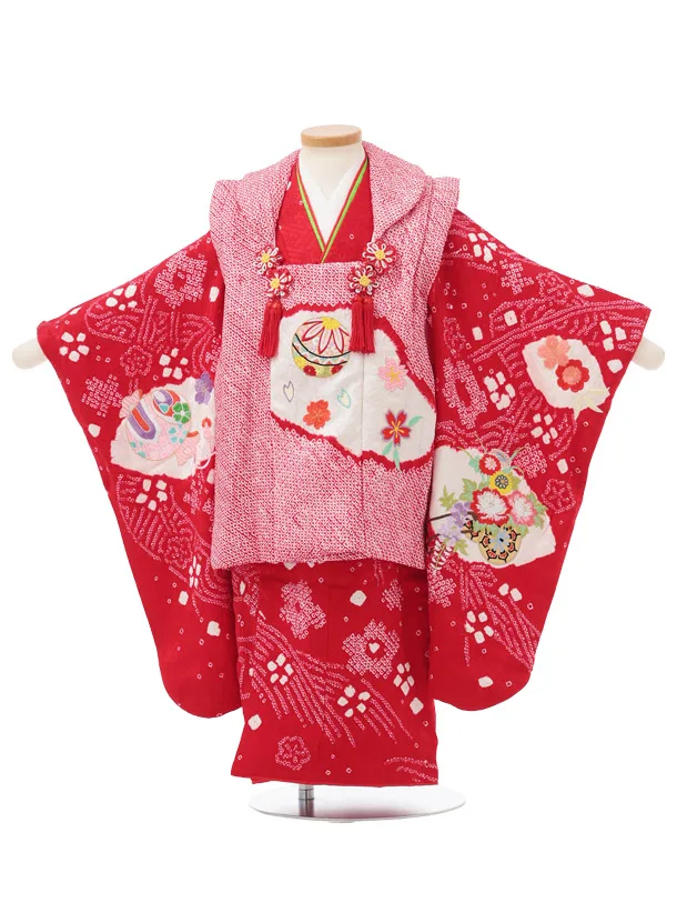 七五三レンタル(3歳被布)S445 【正絹】赤地 刺繍まり 花車