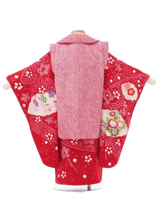 七五三レンタル(3歳被布)S445 【正絹】赤地 刺繍まり 花車
