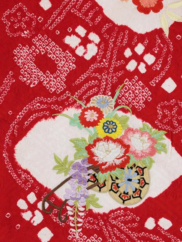 七五三レンタル(3歳被布)S445 【正絹】赤地 刺繍まり 花車
