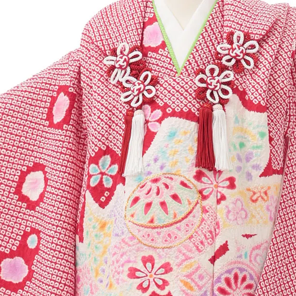 七五三レンタル(3歳被布)S450 【高級正絹】赤絞りに束ね熨斗鞠
