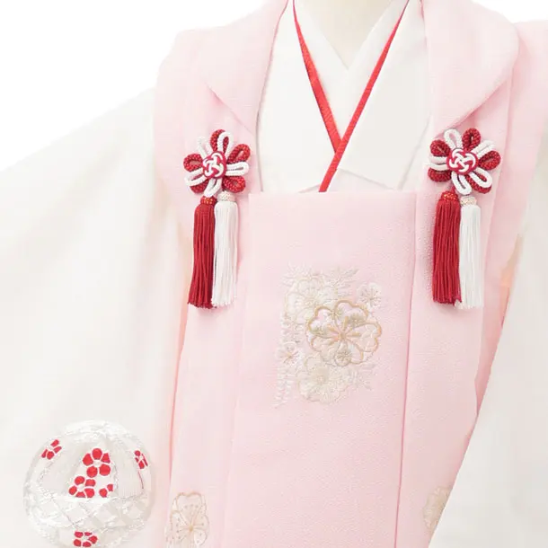 七五三レンタル(3歳被布)S451 ピンク×白刺繍鞠鈴花