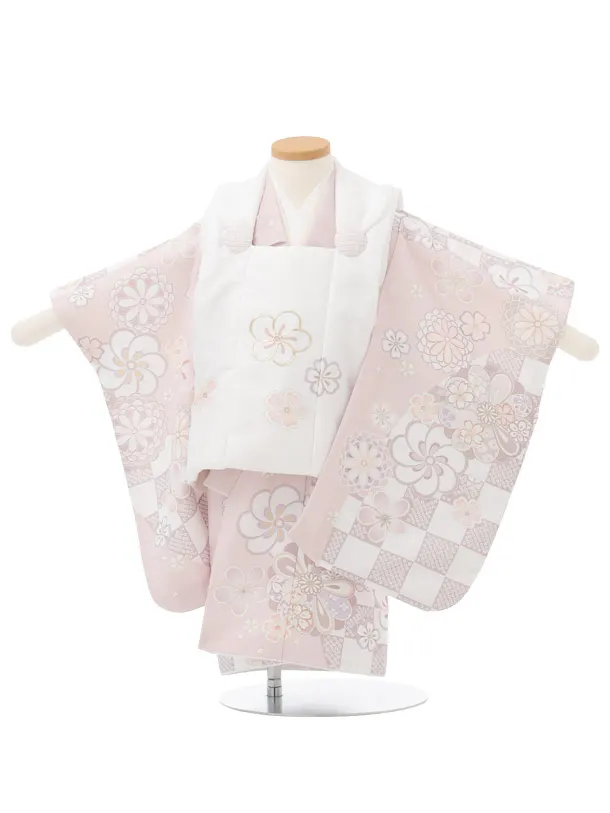 七五三レンタル(2歳女被布)S454 白×ピンクベージュねじり梅