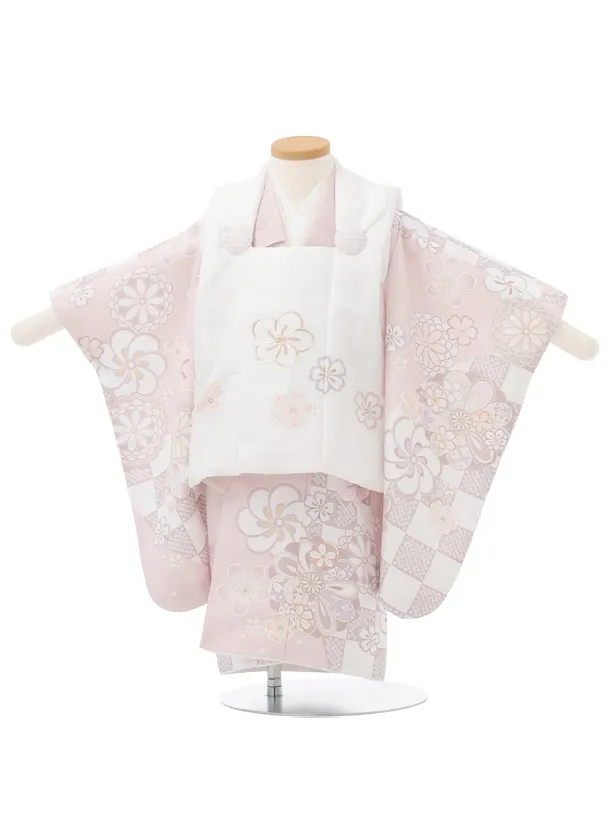 七五三レンタル(2歳女被布)S454 白×ピンクベージュねじり梅