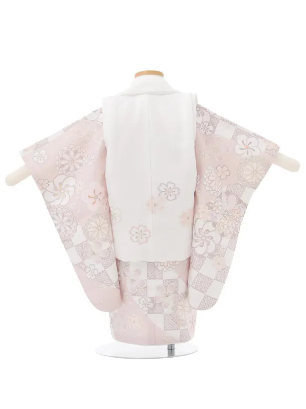 七五三レンタル(2歳女被布)S454 白×ピンクベージュねじり梅