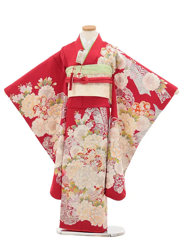 七五三(7歳結び帯)Y429【正絹】赤地 銀彩 牡丹