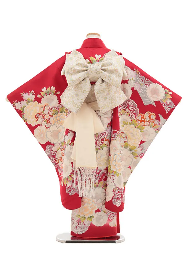 七五三(7歳結び帯)Y429【正絹】赤地 銀彩 牡丹