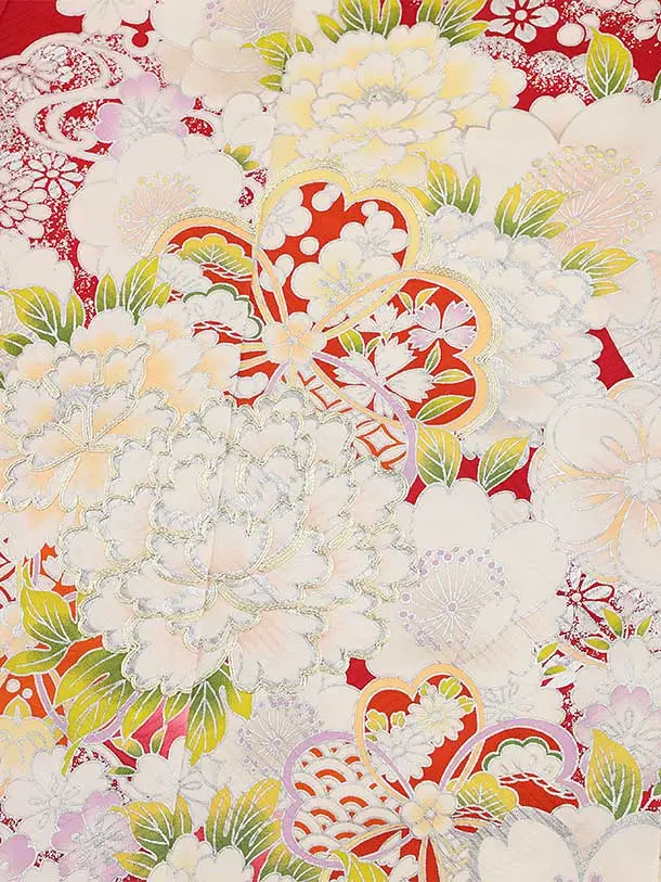 七五三(7歳結び帯)Y429【正絹】赤地 銀彩 牡丹