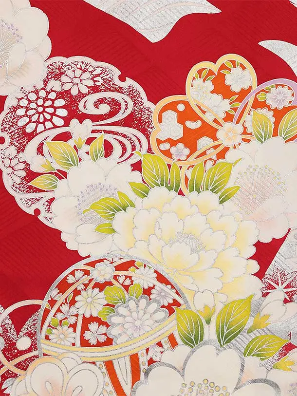 七五三(7歳結び帯)Y429【正絹】赤地 銀彩 牡丹