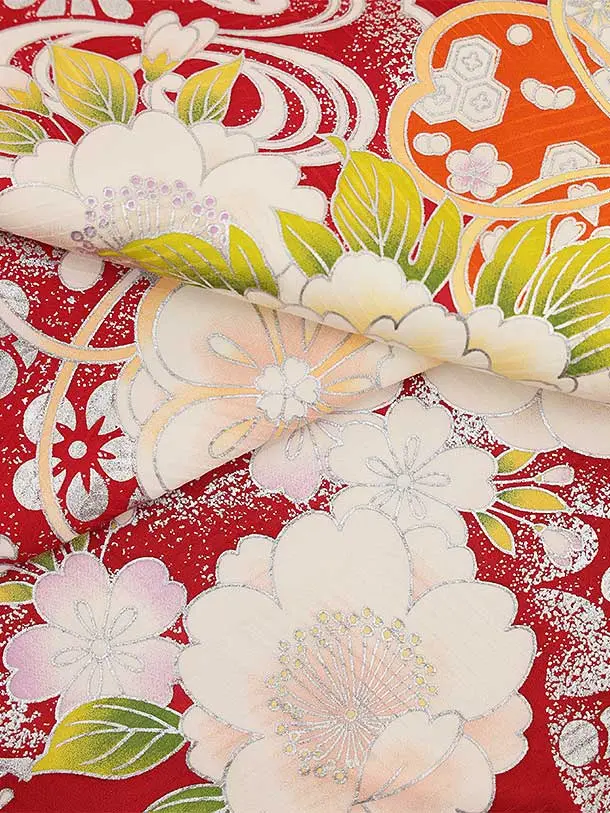 七五三(7歳結び帯)Y429【正絹】赤地 銀彩 牡丹