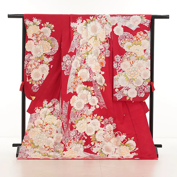 七五三(7歳結び帯)Y429【正絹】赤地 銀彩 牡丹