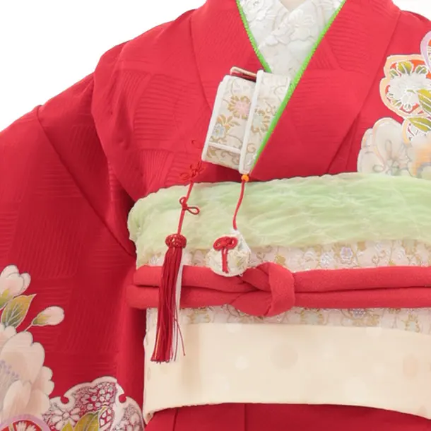 七五三(7歳結び帯)Y429【正絹】赤地 銀彩 牡丹