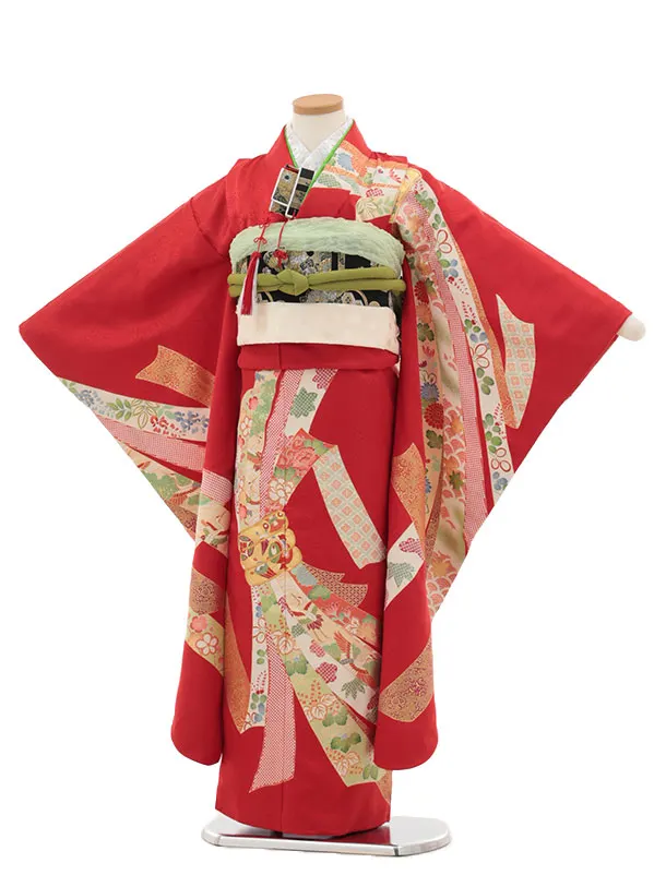 七五三(7歳結び帯)Y433【正絹】赤地 束ね熨斗