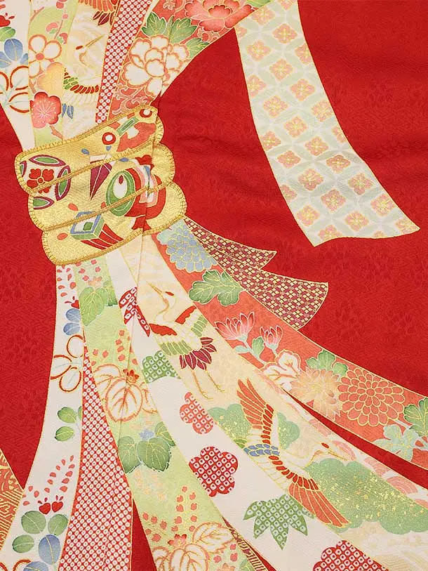 七五三(7歳結び帯)Y433【正絹】赤地 束ね熨斗