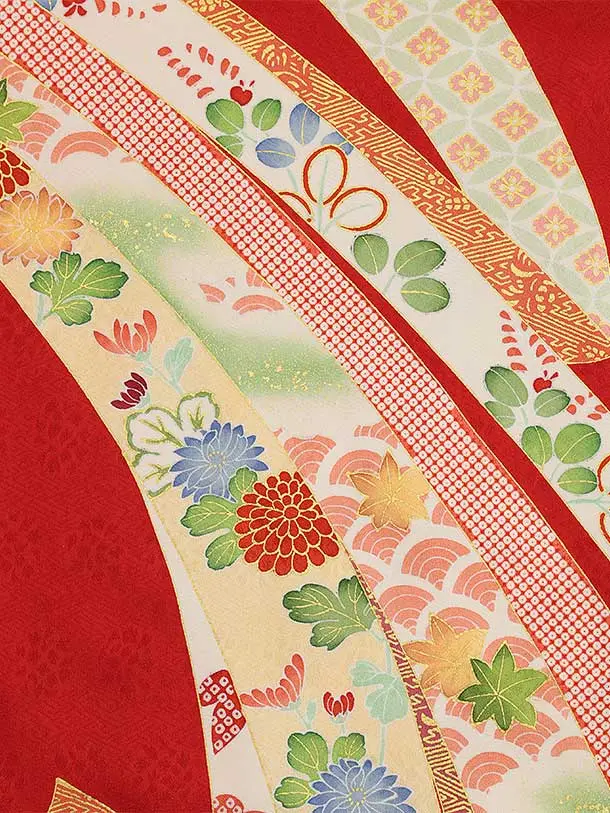 七五三(7歳結び帯)Y433【正絹】赤地 束ね熨斗