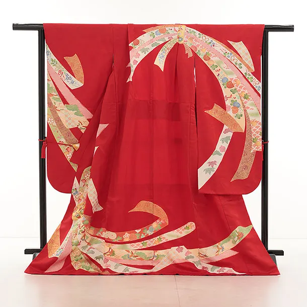 七五三(7歳結び帯)Y433【正絹】赤地 束ね熨斗