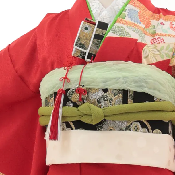 七五三(7歳結び帯)Y433【正絹】赤地 束ね熨斗